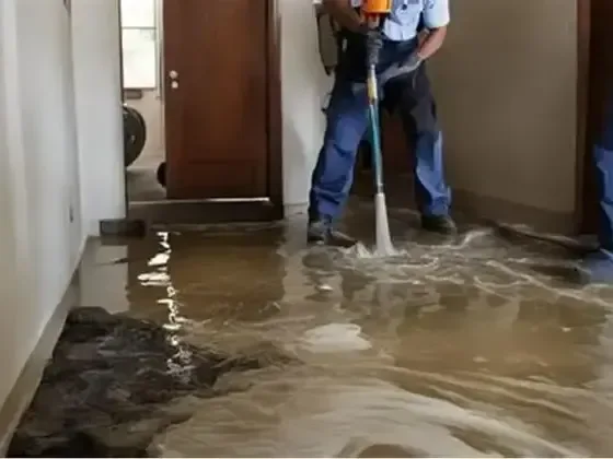 Two technicians pulling floodwater out of a hallway with extraction hoses