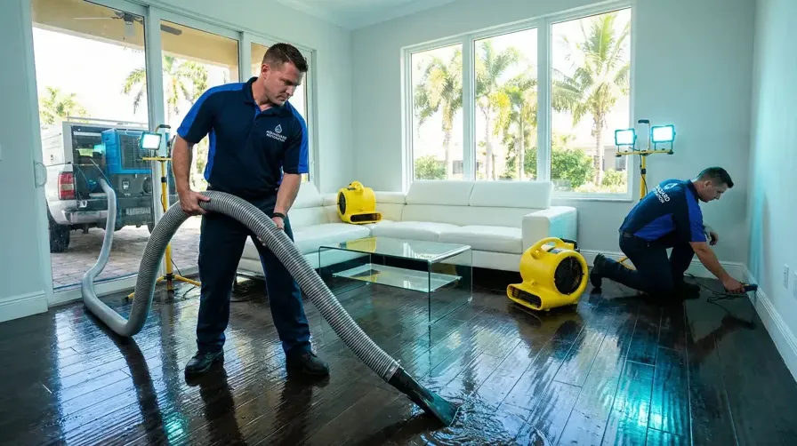 Restoration technician running extraction equipment across a water damaged floor inside a home, pulling standing water before it spreads