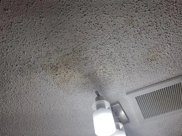 Water stain creeping across a textured ceiling next to an AC supply vent