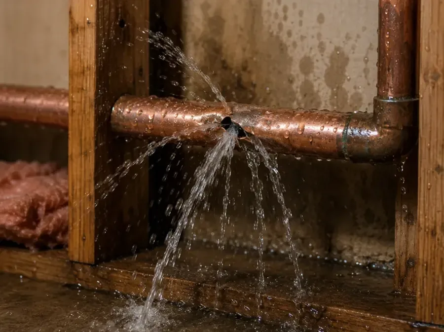 Copper pipe split open and spraying water inside a house