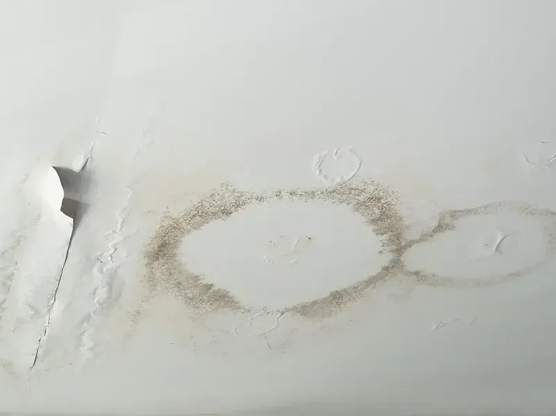 Stained ceiling drywall sagging under water leaking from above