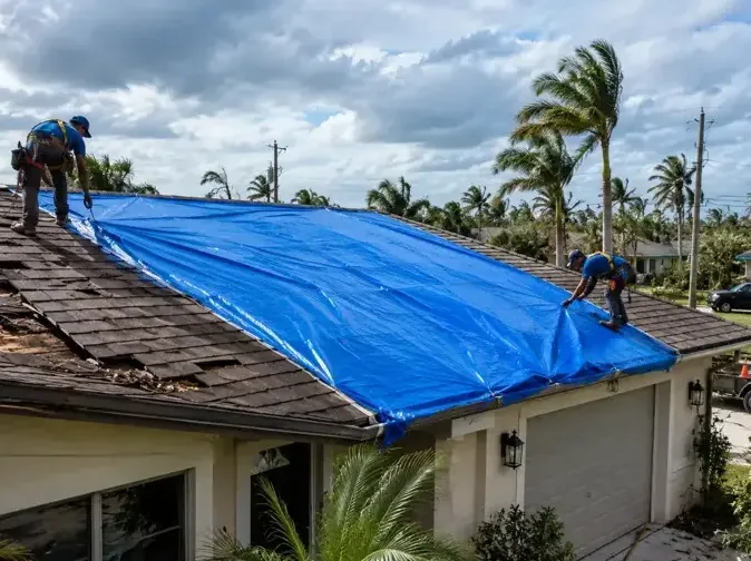 Roof and ceiling torn open by hurricane wind with rain soaking the room below