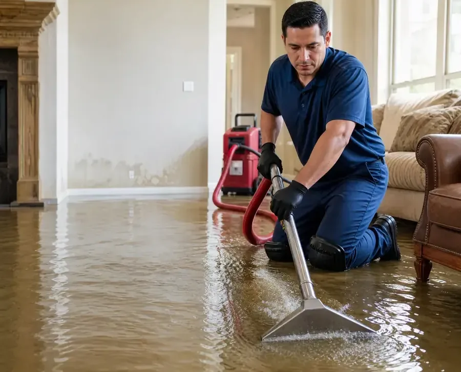 Technician pushing an extraction wand through standing water across a flooded living room